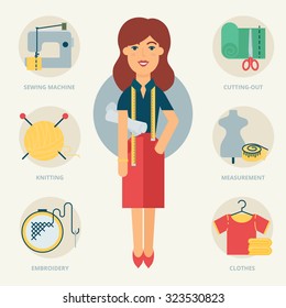 Profession: Designer, Seamstress. Vector illustration, flat style