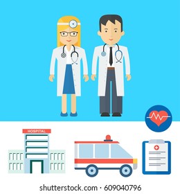 Profession of doctors and medical items. Flat vector cartoon illustration. Objects isolated on a white background.