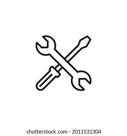 Profession of engineer concept. Line icon of spanner and round gear with lots of teeth
