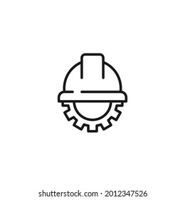 Profession of engineer concept. Line icon of hard hat for builders and round gear with lots of teeth 
