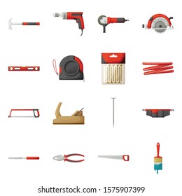 Profession equipment of build vector cartoon icon set.Vector isolated illustration tool for repair.Icon set of hammer, drill, grinder and saw.