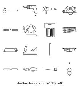 Profession equipment of build vector outline icon set.Vector isolated illustration tool for repair.Icon set of hammer, drill, grinder and saw.