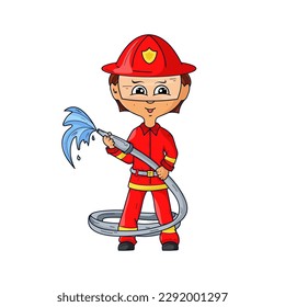 Profession firefighter. A man holds a fire hose. Vector illustration in cartoon style. Color
