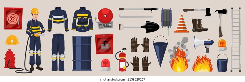 Profession Firefighter Vector Icons Set with Firefighters Equipment