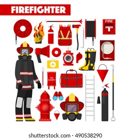 Profession Firefighter Vector Icons Set with Firefighters Equipment