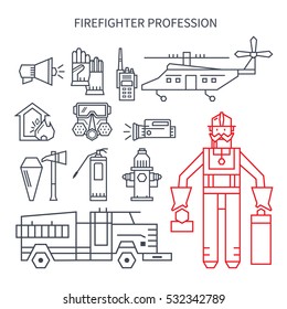 Profession fireman. Set of linear icons fire truck, hose, helmet, helicopter. Ideal for design of cards, banners, web sites