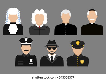 Profession flat avatars or icons with judges in wig and gown, priests, policeman officers in uniform and detective in hat and coat