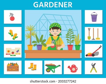 Profession game for kids. Cartoon gardener. Paper card. Kid entertainment. Printable worksheet. Vector illustration