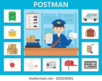 Profession game for kids. Cartoon postman. Paper card. Printable worksheet. Vector illustration