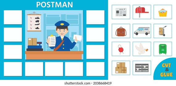 Profession game for kids. Cartoon postman. Paper card. Printable worksheet. Vector illustration