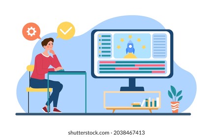 Profession of graphic animator. Man sitting at computer, creating video game and animating rocket. Program for making objects move. Cartoon flat vector illustration isolated on white background