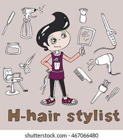 the profession hair stylist in alphabetical order cartoon hand drawn outline for coloring adult isolated on the background