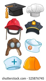 profession hats - policeman, chef, construction worker, fireman,Pilots, seamen, navy, graduate, . Cartoon vector illustration.