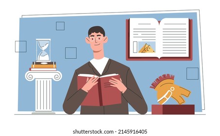 Profession Historian concept. Scientist explores historical facts and ancient civilizations. Man reading book about Middle Ages. Education or hobby. Cartoon contemporary flat vector illustration