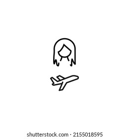 Profession, hobby, everyday life concept. Modern vector symbol suitable for shops, store, books, articles. Line icon of woman by airplane 