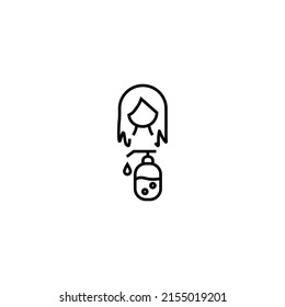 Profession, hobby, everyday life concept. Modern vector symbol suitable for shops, store, books, articles. Line icon of woman by liquid soap or another gel 