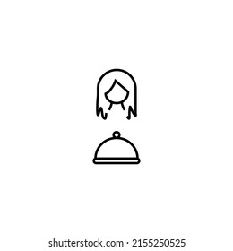 Profession, hobby, everyday life concept. Modern vector symbol suitable for shops, store, books, articles. Line icon of woman by bowl with cloche 