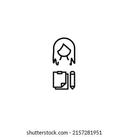 Profession, hobby, everyday life concept. Modern vector symbol suitable for shops, store, books, articles. Line icon of woman by papers on clipboard and pencil 