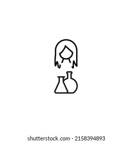 Profession, hobby, everyday life concept. Modern vector symbol suitable for shops, store, books, articles. Line icon of woman by laboratory bulbs 
