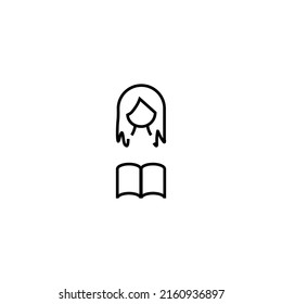 Profession, hobby, everyday life concept. Modern vector symbol suitable for shops, store, books, articles. Line icon of woman by opened book 