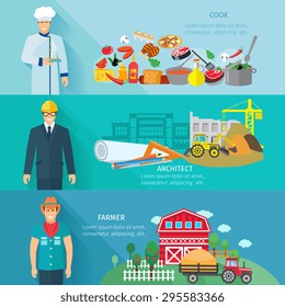 Profession horizontal banner set with cooker farmer architector avatars isolated vector illustration