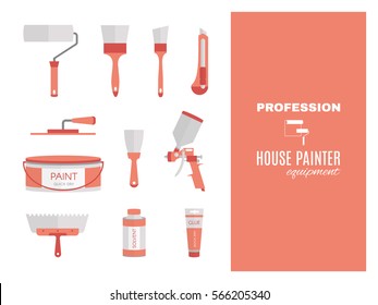 Profession - house painter. Repairing tools set. Flat decorative icons.