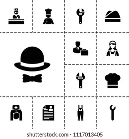 Profession icon. collection of 13 profession filled icons such as wrench, gardener jumpsuit, male consultant   with case, chef. editable profession icons for web and mobile.
