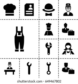 Profession icon. set of 13 filled professionicons such as maid, wrench, gardener jumpsuit, resume, doctor, male consultant   with case, woman consultant with case, chef
