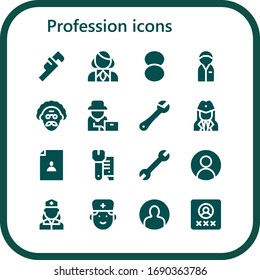 profession icon set. 16 filled profession icons.  Simple modern icons such as: Wrench, Stewardess, Foundation, Policeman, Scientist, Farmer, User, Nurse, Doctor