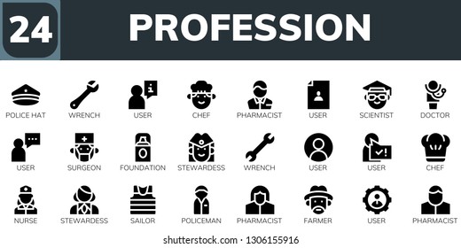 profession icon set. 24 filled profession icons.  Simple modern icons about  - Police hat, Wrench, User, Chef, Pharmacist, Scientist, Doctor, Surgeon, Foundation, Stewardess, Nurse