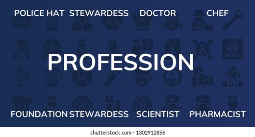  profession icon set. 32 filled profession icons. on blue background style Simple modern icons about  - Police hat, Stewardess, Doctor, Chef, Foundation, Scientist, Pharmacist