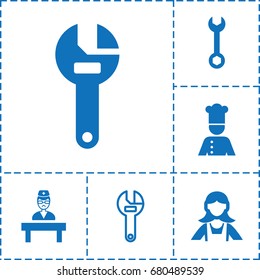 Profession icon. set of 6 profession filled and outline icons such as maid, wrench, doctor