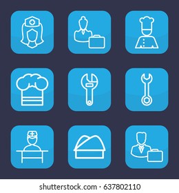 Profession icon. set of 9 outline profession icons such as wrench, nurse, doctor, male consultant   with case, woman consultant with case, chef
