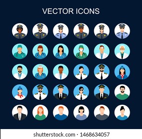 Profession icon set. Avatars profession people: cop, pilot, stewardess, doctor,  nurse, office workers. Face men and women uniform. vector icons