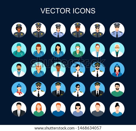 Profession icon set. Avatars profession people: cop, pilot, stewardess, doctor,  nurse, office workers. Face men and women uniform. vector icons