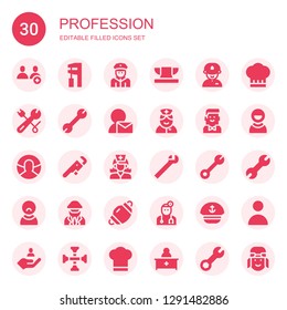 profession icon set. Collection of 30 filled profession icons included Users, Wrench, Policeman, Anvil, Driver, User, Nurse, Barman, Dentist mask, Doctor, Sailor, Chef, Cross wrench