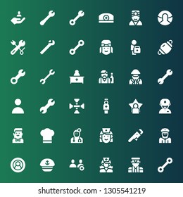 profession icon set. Collection of 36 filled profession icons included Wrench, Pilot, Nurse, Users, Sailor, User, Policeman, Doctor, Chef hat, Barman, Driver, Cross wrench, Pharmacist