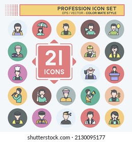 Profession Icon Set in trendy color mate style isolated on soft blue background