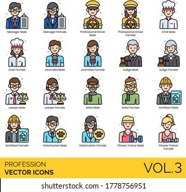 Profession icons including manager, professional driver, chef, journalist, judge, lawyer, artist, architect, veterinarian, fitness trainer.