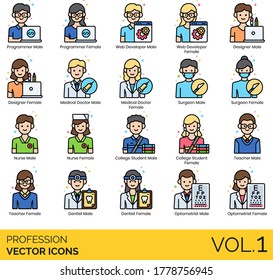 Profession icons including programmer, web developer, designer, medical doctor, surgeon, nurse, college student, teacher, dentist, optometrist.