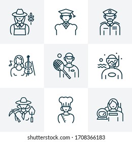 Profession icons line style set with astronaut woman, military, diver and other soldier elements. Isolated vector illustration profession icons.