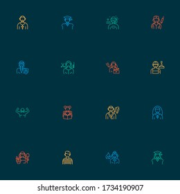 Profession icons line style set with gardener woman, karate, graduate woman and other labor elements. Isolated vector illustration profession icons.
