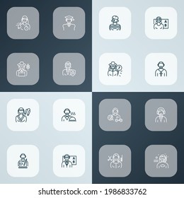 Profession icons line style set with pantomime, trainer woman, waiter and other professor elements. Isolated vector illustration profession icons.