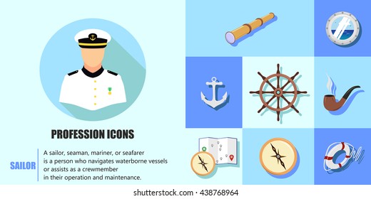 Profession icons. Sailor. Vector illustration, flat icons.