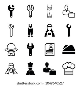 Profession icons. set of 16 editable filled and outline profession icons such as wrench, gardener jumpsuit, woman consultant with case, chef, chef hat, maid, resume