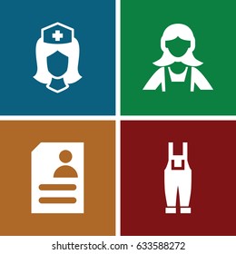 Profession icons set. set of 4 profession filled icons such as maid, gardener jumpsuit, resume