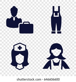 Profession icons set. set of 4 profession filled icons such as maid, gardener jumpsuit, nurse