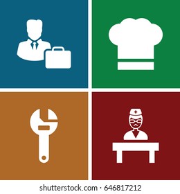 Profession icons set. set of 4 profession filled icons such as wrench, doctor, male consultant   with case