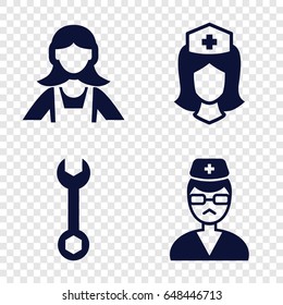 Profession icons set. set of 4 profession filled icons such as maid, wrench, nurse