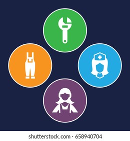 Profession icons set. set of 4 profession filled icons such as maid, wrench, gardener jumpsuit
